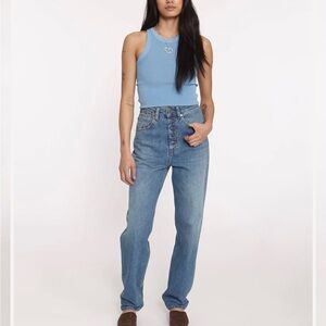 High-Rise Button-Fly Straight Jeans in Light Blue